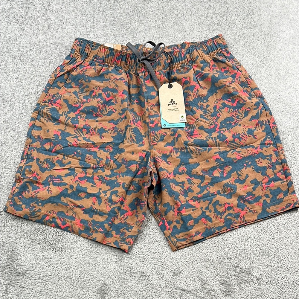 NEW Prana L Metric E Waist Tan Blue Men's Camo Swim Shorts - Multicolor